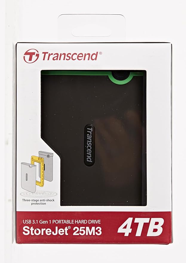Transcend 4TB SJ25M3, USB 3.1 Portable Hard Drive Rugged, Anti-Shock Resistant, Compact and Lightweight with Lightning-Fast Speeds, One Touch Backup Button, Iron Grey - TS4TSJ25M3S