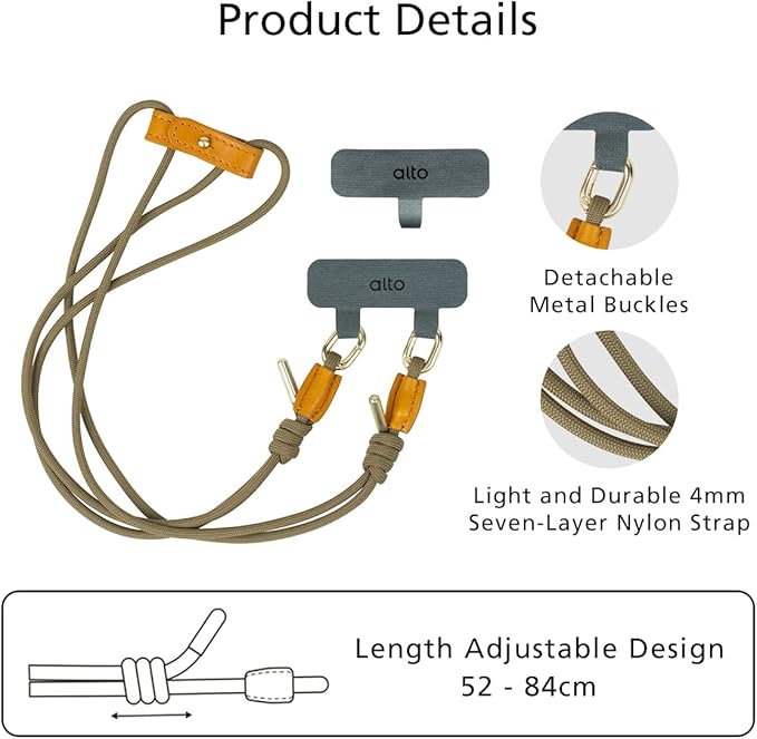alto Crossbody Phone Lanyard: detachable patch, nylon strap with Italian leather pad, for iPhone and android full body phone cases (Caramel Brown)