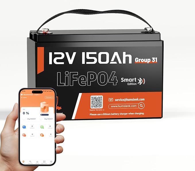 12V 150Ah LiFePO4 Lithium Battery – BCI Group 31 Deep Cycle Battery with Bluetooth & 110A BMS – 15000+ Cycles for Solar, RV, Marine, Off-Grid – Lightweight & Safe Replacement for Lead Acid