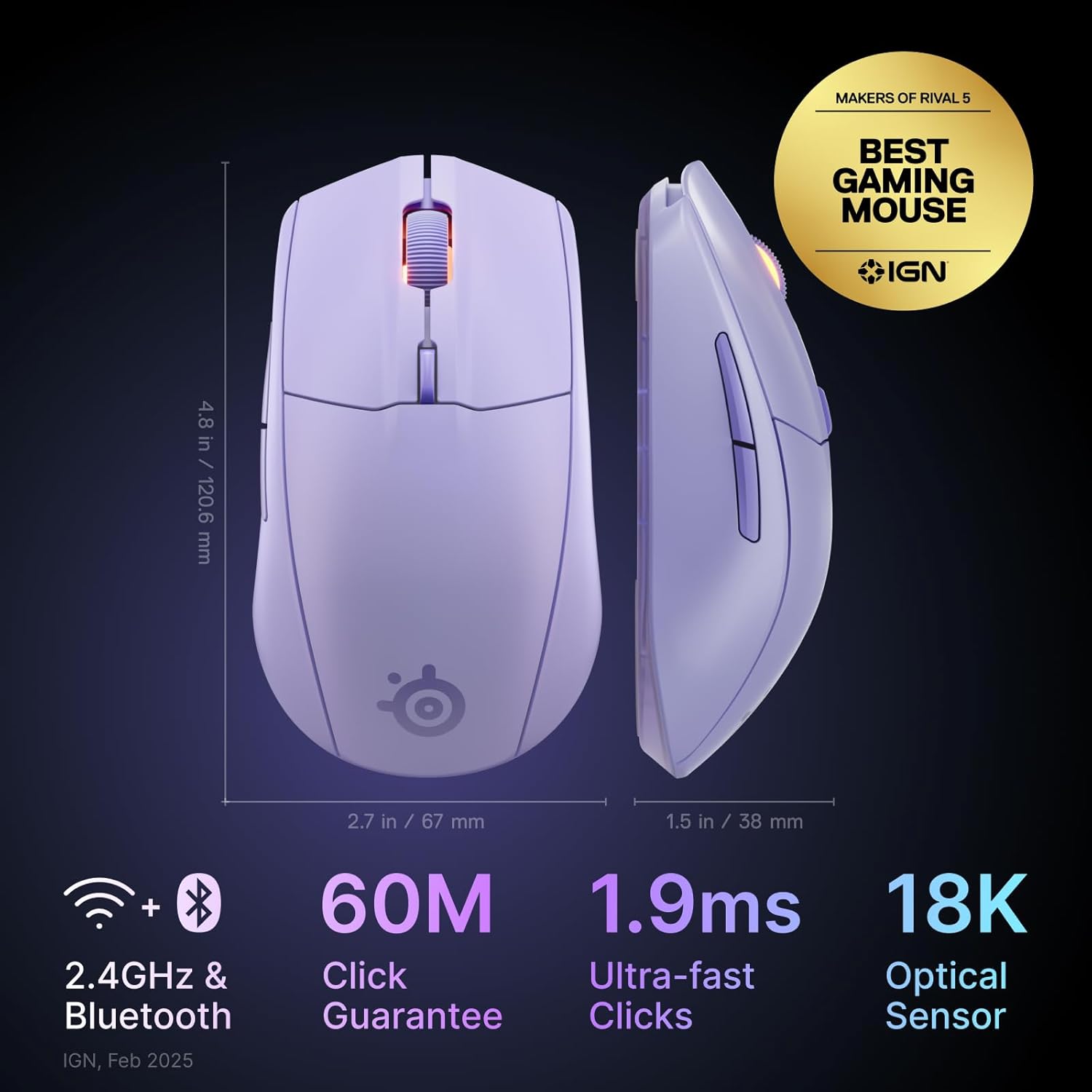 SteelSeries Rival 3 Wireless Gen 2 Gaming Mouse — 2.4GHz and Bluetooth — 18000 DPI TrueMove Air Optical Sensor — 60 Million Click Durability — Light-Weight — 100% PTFE Feet — Lavender
