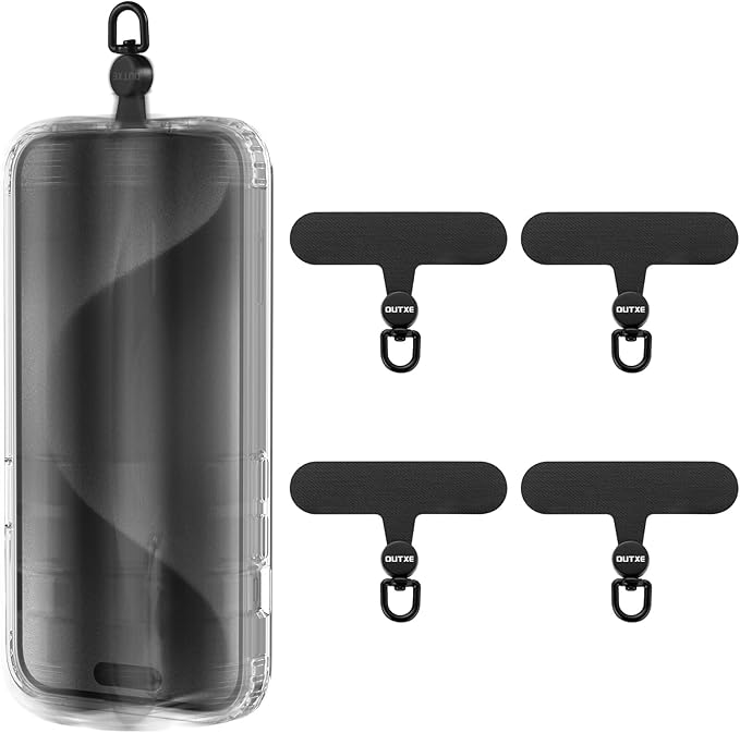 OUTXE Phone Tether Tab Rotatable 360°, 4 Pack Phone Lanyard Patch for Phone Strap Compatible iPhone & Other Cell Phone (Black)