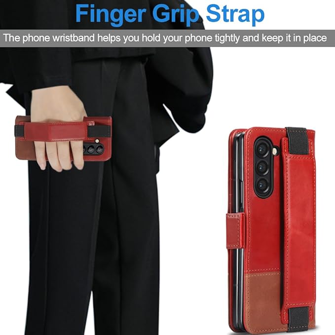 KEZiHOME for Samsung Galaxy Z Fold 6 Case, Genuine Leather Z Fold6 Wallet Case [RFID Blocking] with Card Slots Stand Flip Protective Phone Cover Compatible with Samsung Z Fold 6 5G (Red/Brown)