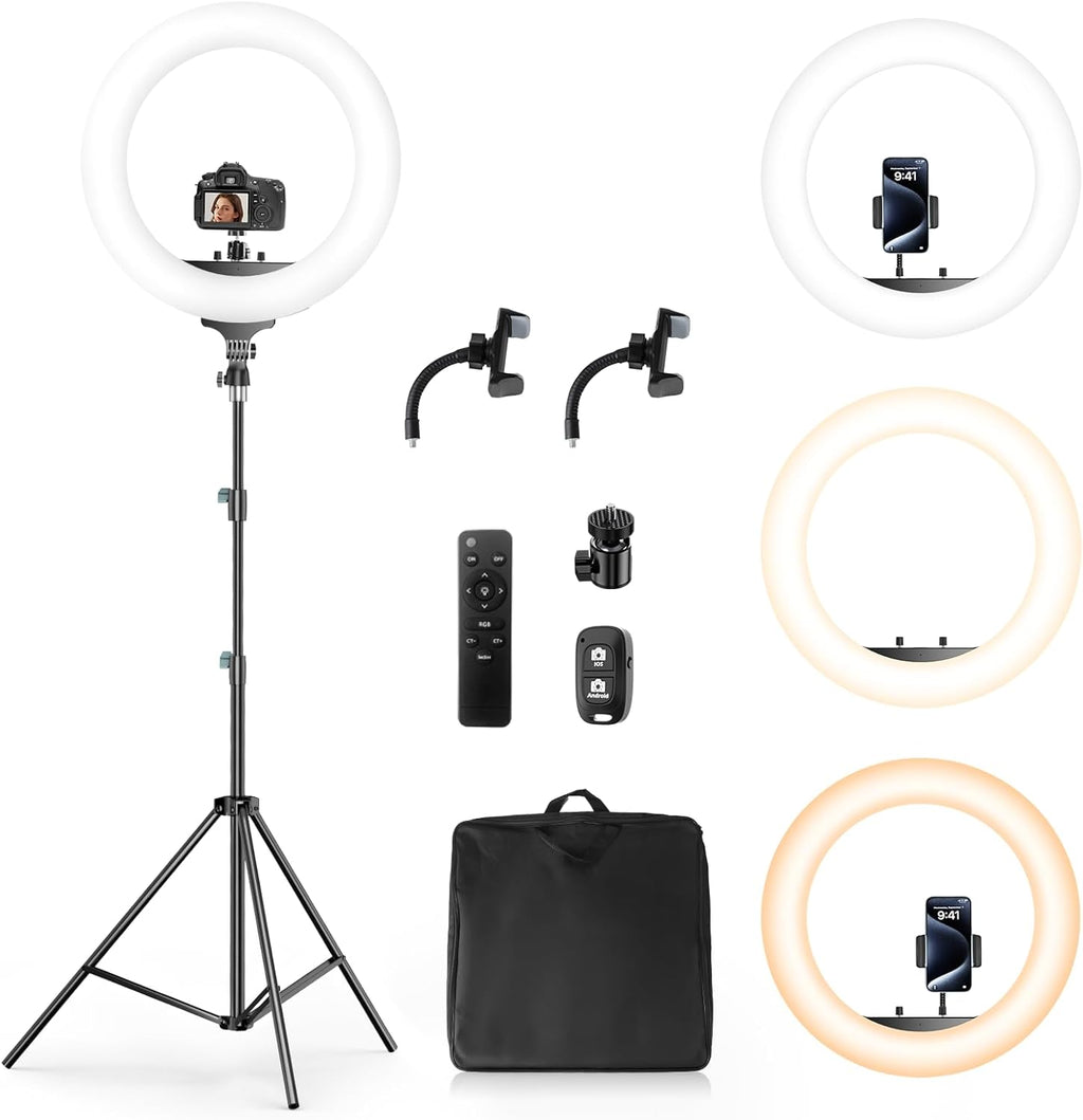 Aureday 22" Big Ring Light with 72" Sturdy Tripod Stand and Sandbag, 65W Large Studio Ringlight with Remote & Phone Holders for Photography/TikTok/YouTube/Tattoo/Barber/Video Recording