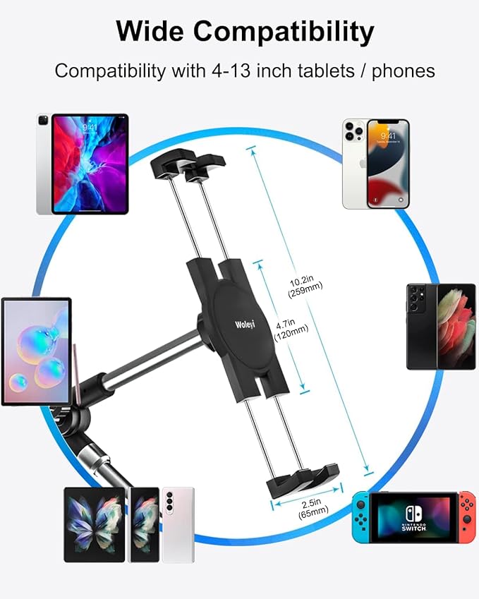 woleyi Adjustable Tablet Mount Holder, 35" Desk/Bed Clamp Phone iPad Stand with Foldable 360° Swivel Arm for iPad Pro 12.9 Air Mini, iPhone, Galaxy Tabs, Nintendo Switch, 4-13" Cell Phones and Tablets