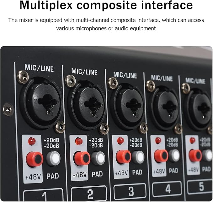 W IN-MIX DX8 Professional DJ Audio Mixer 8 Channel with 99 DSP Effects,7-band EQ,Independent 48V Phantom Power&Mute Button,Bluetooth Function,USB Interface Recording For Studio