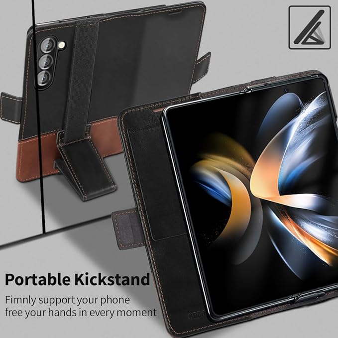 KEZiHOME for Samsung Galaxy Z Fold 6 Case, Genuine Leather Wallet Case [RFID Blocking] with Card Slots Stand Flip Protective Phone Cover Compatible with Galaxy Z Fold 6 5G (Black/Brown)
