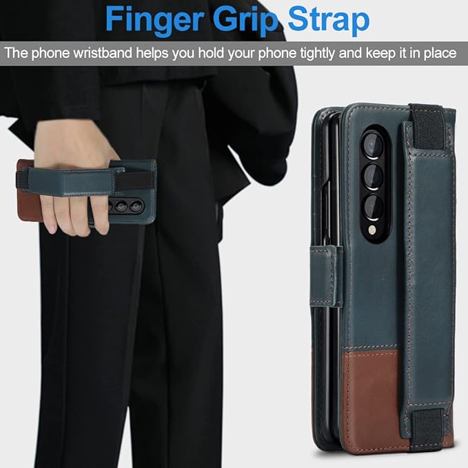 KEZiHOME for Samsung Galaxy Z Fold 4 Case, Genuine Leather Wallet Case [RFID Blocking] with Card Holder Flip Kickstand Magnetic Cover Compatible with Samsung Z Fold 4 5G (Navy Blue/Brown)