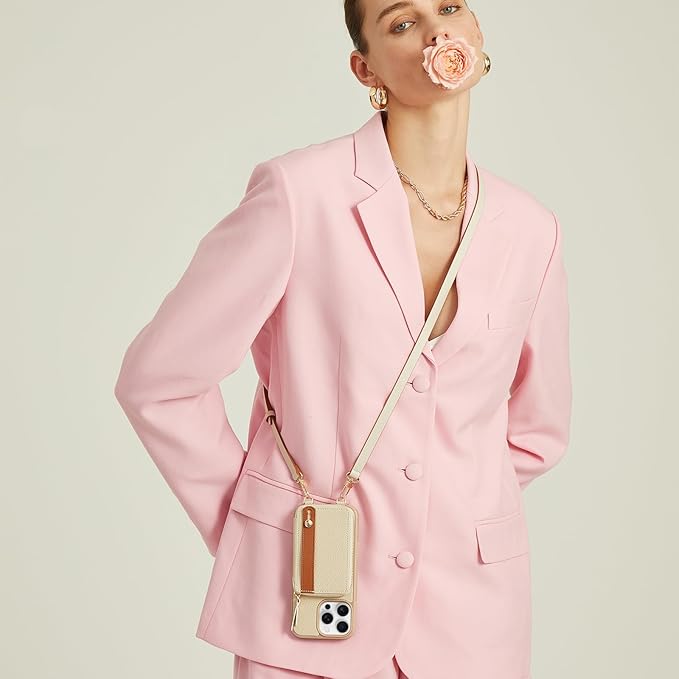 LAMEEKU for iPhone 15 Pro Wallet Case with Credit Card Holder, Zipper Leather Crossbody Case with Phone Grip Holder Stand Wrist Strap Lanyard for Women for Apple iPhone 15 Pro 6.1 inch Beige