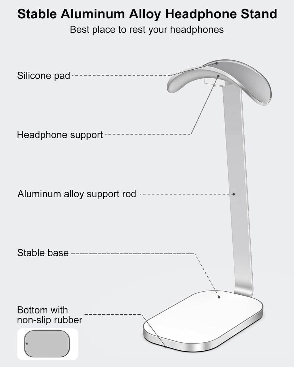 VICHYIE Headphone Stand for AirPods Max, Headset Holder with Aluminum Supporting Rod, Heavy Base Desk Stand Headphones Support Accessory for All Headphones - Silver White