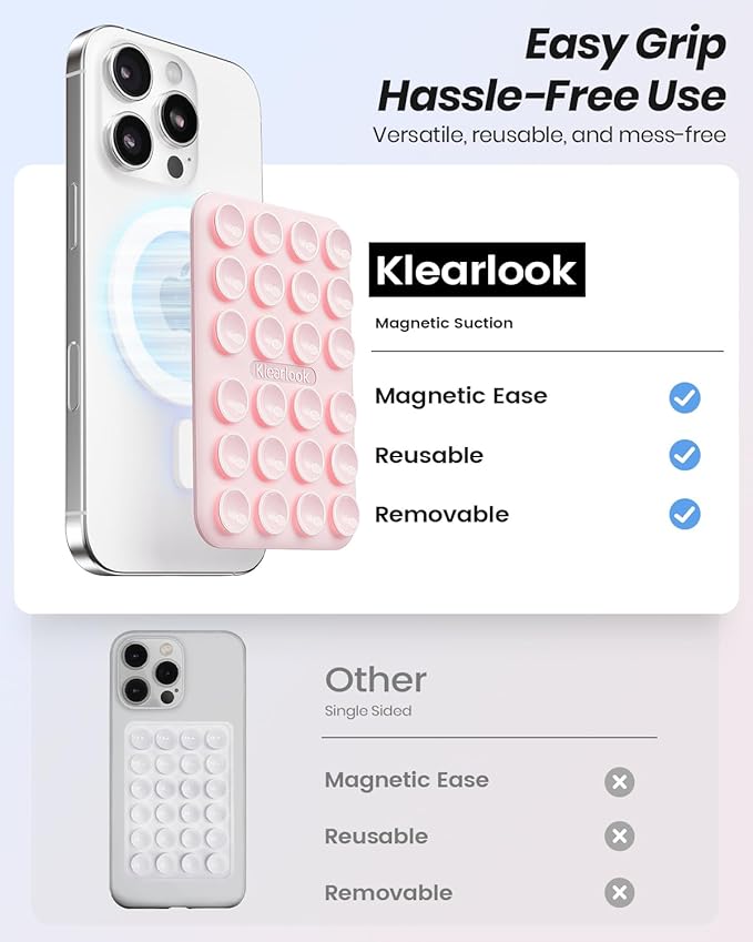 Klearlook 2Pack Magnetic Suction Phone Mount for MagSafe Case, Sticky Phone Grip Holder for iPhone, Removable Hands-Free Selfie/Video for TikTok Influencers, Women Girl Gift, Light Pink & Transparent