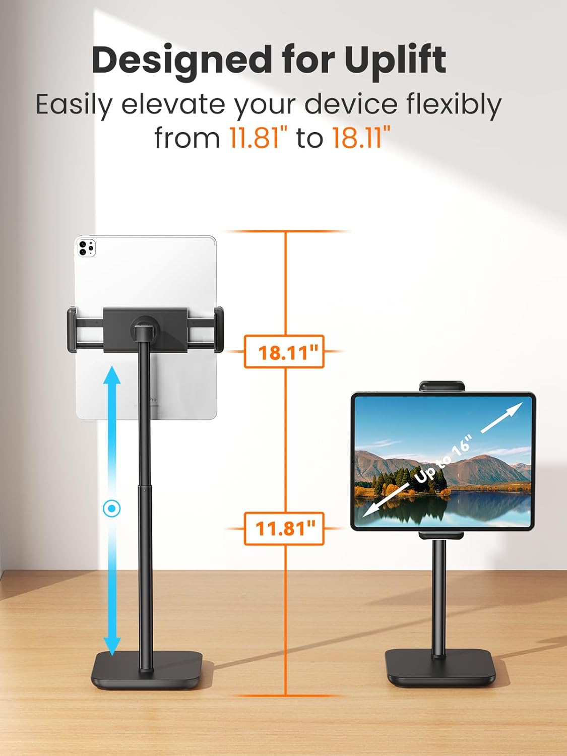 tounee Portable Monitor & Tablet Holder Stand, 4.4lb (2kg) Holding Strength, Height Adjustable Up to 18.11", Ideal for 4.7"-16" Devices (15.6" Portable Monitors, iPad, iPhone, Kindle) - Black