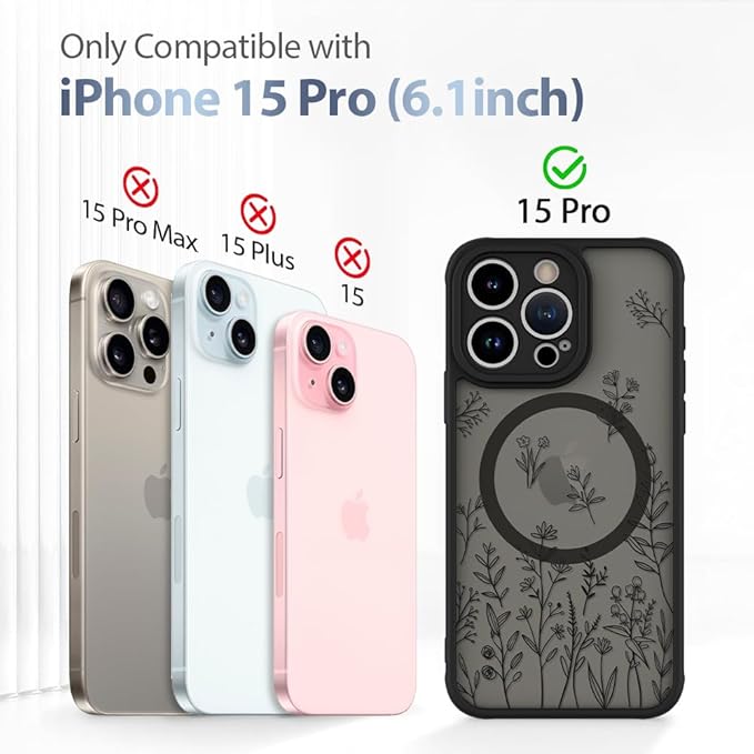 AIGOMARA Magnetic Case for iPhone 15 Pro [Compatible with MagSafe] Cute Black Flower Floral for Women Girls Soft TPU Bumper Hard PC Back Anti-Fall Shockproof Protective Slim Cover