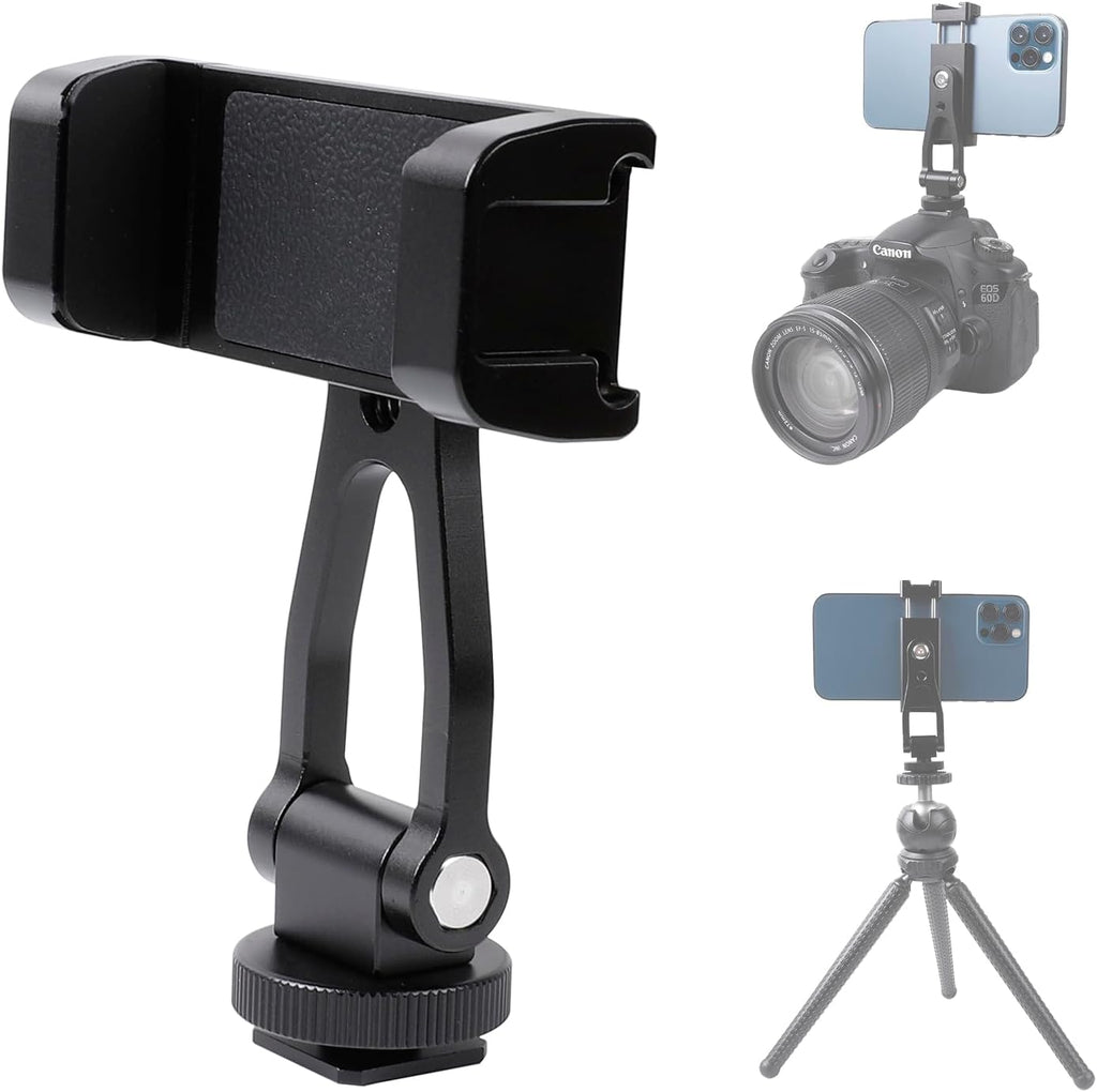 Aluminium Alloy Phone Tripod Mount, Universal Cell Phone Mount Adapter with 2 Cold Shoe Mount for Horizontal and Vertical Shooting, Compatible with iPhone, Pixel, Samsung Galaxy and All Phones