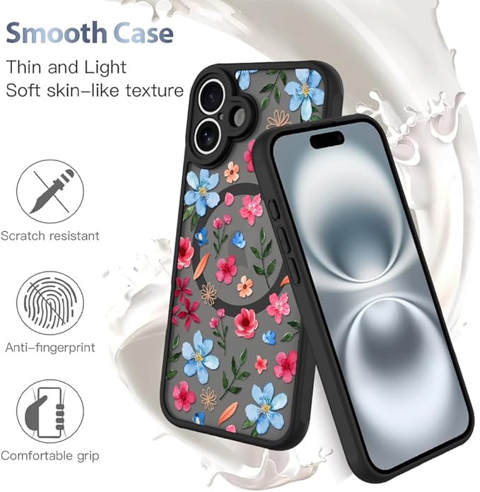AIGOMARA Magnetic Case for iPhone 16 Plus [Compatible with MagSafe] Cute Pink Blue Flower Floral Pattern Soft TPU Bumper Hard PC Back Anti-Fall Shockproof Protective Slim Cover for Women Girls