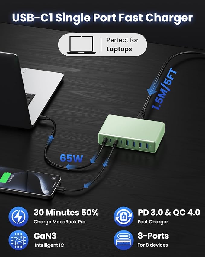 105W USB C Charger Block,8-Ports GaN III Fast Charging Station Hub,QC4.0+PD 65W Laptop Charger Wall Chargers Power Adapter for MacBook Pro/Air,DELL,Steam Desk,iPhone 16/15,iPad,Galaxy S25,Pixel-Green