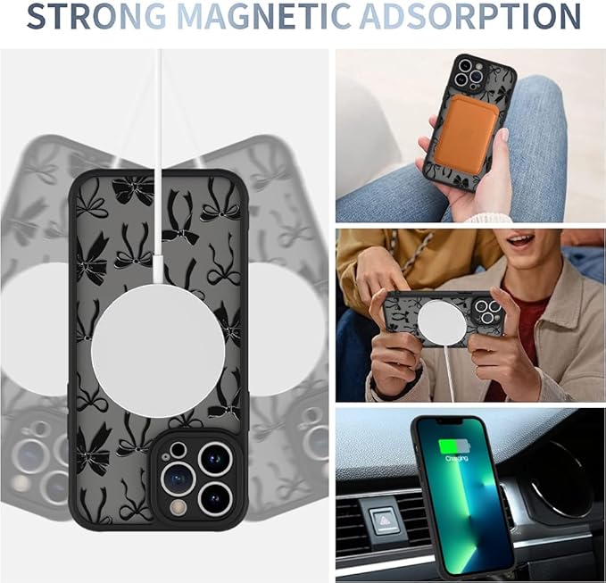 AIGOMARA Case for iPhone 13 Pro Max [Compatible with MagSafe] Black Ribbon Bow Pattern Design Soft TPU Bumper Hard PC Back Anti-Fall Shockproof Protective Slim Magnetic Cover for Women Girls