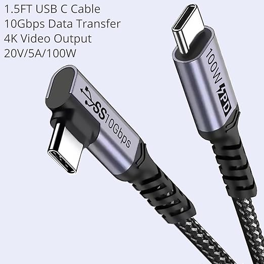 100W Short USB C Cable 3.1 Right Angle [1.5FT 2 Packs], 5A Fast Charging, 10GBbps High Speed Data E-Marker Chip Cords, 4K@60Hz Video Display