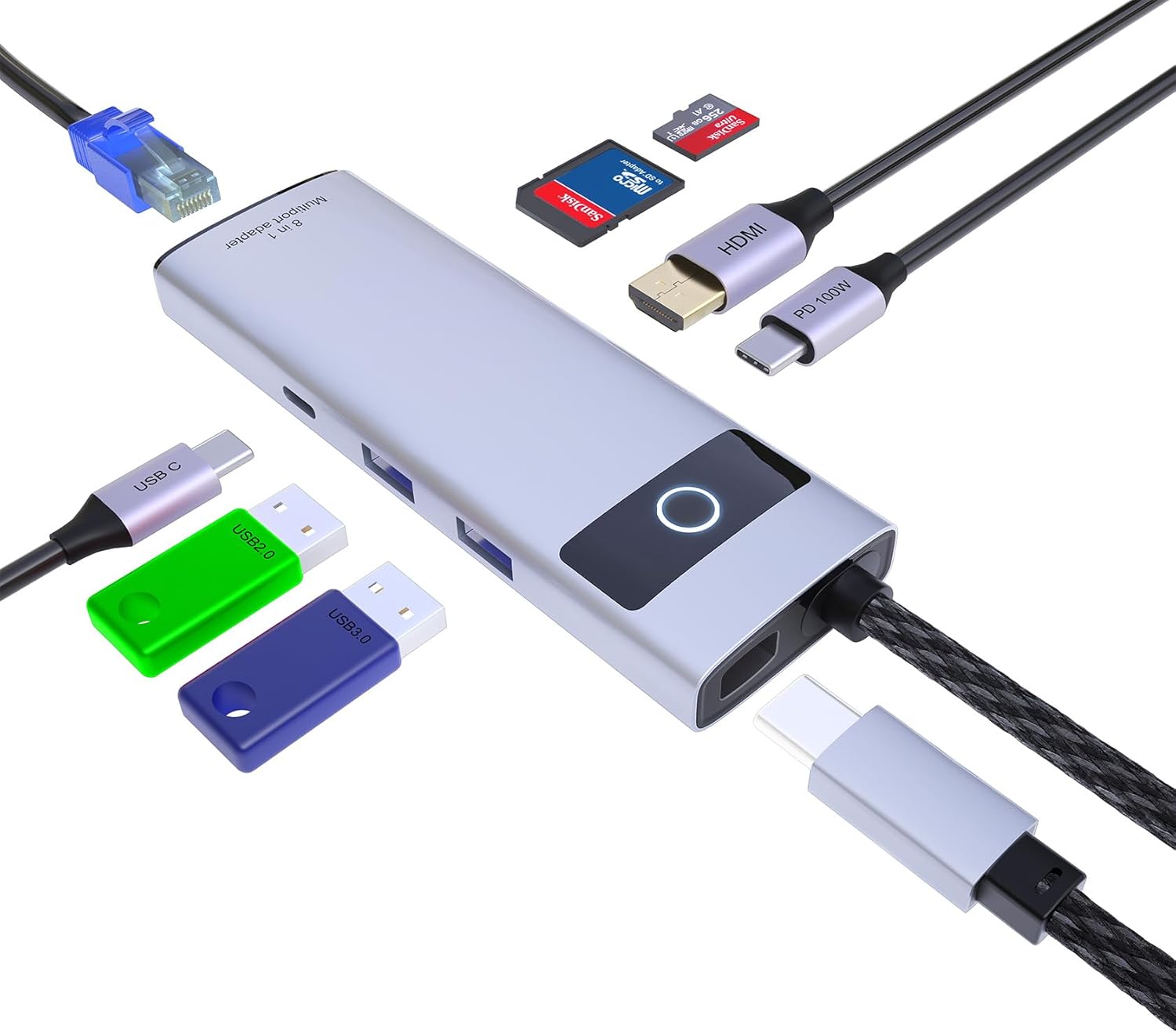 KAGO USB C to Ethernet HDMI Adapter,8 in 1 Docking Station Hub,USB-A 2.0/3.0,Type-C Data Ports,4K@30Hz HDMI,100W PD,SD/TF Card Reader,100M RJ45 for MacBook Pro/Air,iPad Pro,iPhone 15/Pro Max