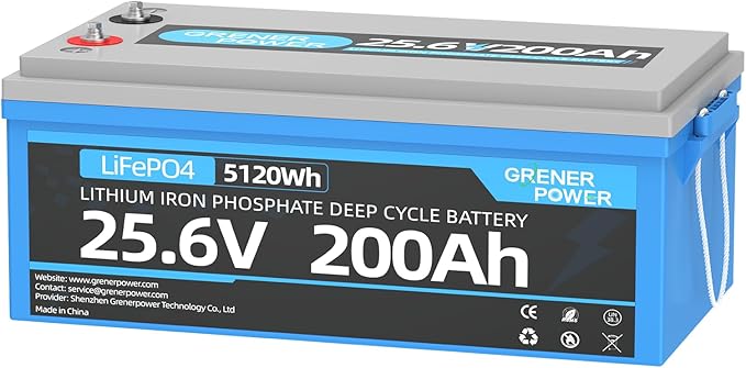 25.6V 200Ah LiFePO4 Battery with 100A BMS, Max. 5120Wh Energy, 4000-15000 Deep Cycles Lithium Battery, 10-Year Lifespan, Perfect for RV, Trolling Motor, Solar Off-Grid Storage, Home System