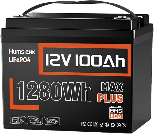 12V 100Ah LiFePO4 Lithium Battery MAX PLUS, 15000+ Deep Cycle Battery, Built-in 110A BMS with Low-Temp Protection, Ideal for RV, Marine, Trolling Motors, Off Grid etc.