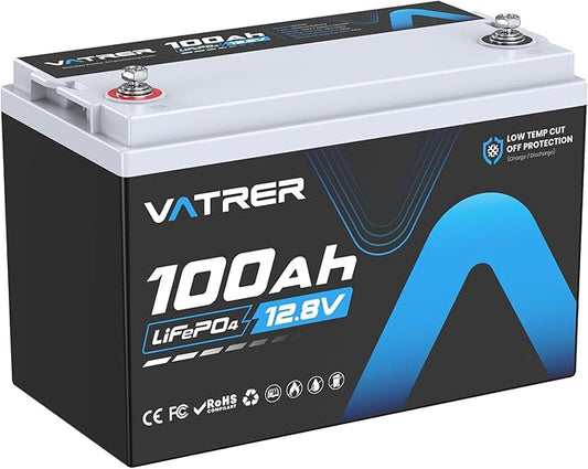 12V 100AH Low Temp Cutoff LiFePO4 Deep Cycle Battery with 1280W, Built-in 100A BMS, 5000+ Cycles Rechargeable Lithium Battery, Perfect for RV/Camper, Marine, Solar, and Off-Grid Applications