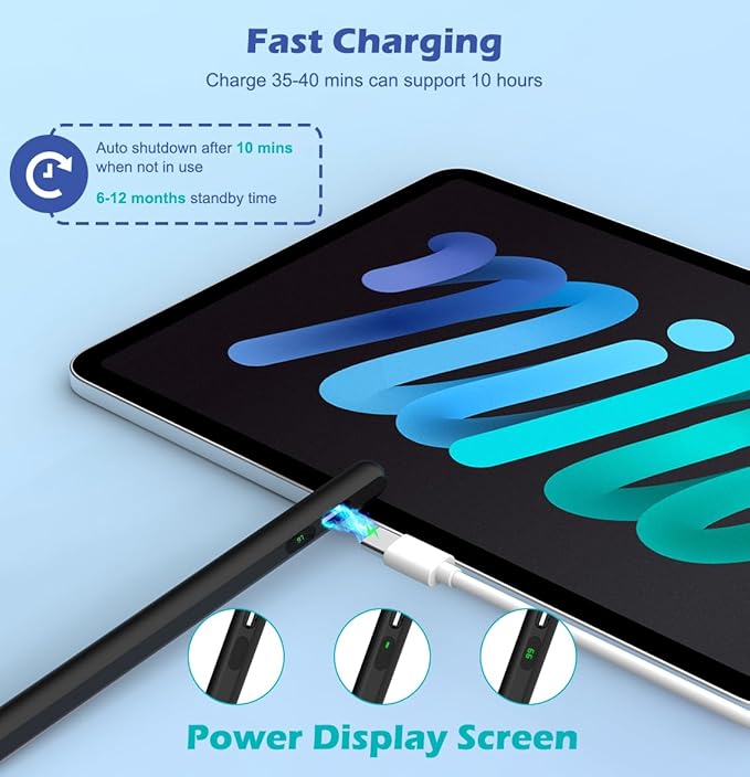 Moko Stylus Pens for Touch Screens, Fast Charge Stylus Pen for Apple iPad/iPhone/Samsung/Lenovo/iOS/Android Tablets&Smart Phone Universal Stylus Capacitive Screen Pencil with Power Display, Black