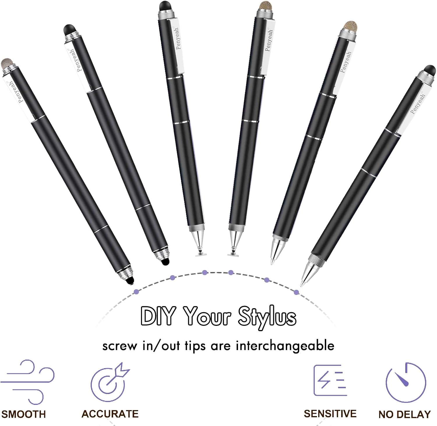Penyeah Stylus Pen, 4 in 1 Disc Stylus Pens for Touch Screens, High Precision and Sensitivity Universal Capacitive Stylus, Stylist for Tablets,iPhone,iPad,Laptops with 4 Replacement Tips - Black