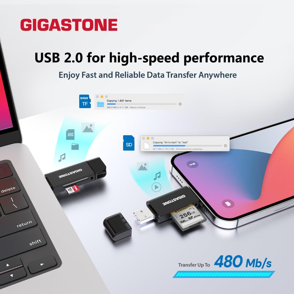 GIGASTONE SD Card Reader, 5-in-1 USB-A/USB-C Card Reader, Dual Slot for SD/Micro SD/SDHC/SDXC, Compatible with Laptop, PC, iPhone16/15, MacBook Pro/Air, iPad Pro, Android