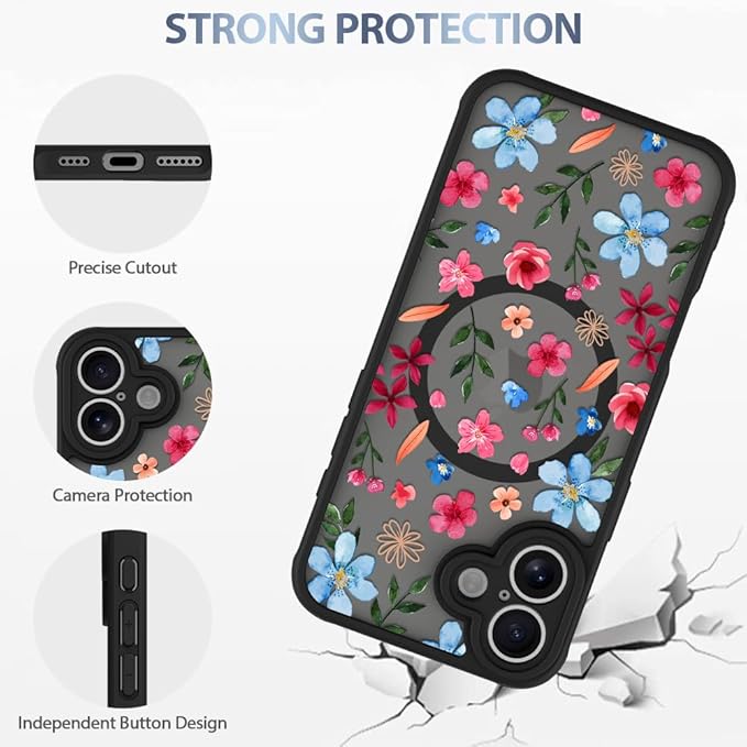 AIGOMARA Magnetic Case for iPhone 16 Plus [Compatible with MagSafe] Cute Pink Blue Flower Floral Pattern Soft TPU Bumper Hard PC Back Anti-Fall Shockproof Protective Slim Cover for Women Girls