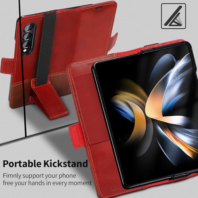 KEZiHOME for Galaxy Z Fold 4 Case, Genuine Leather Wallet Case [RFID Blocking] with Card Holder Kickstand Book Flip Folio Case Compatible with Samsung Galaxy Z Fold 4 (Red/Brown)