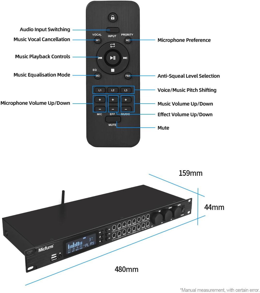 KT900DSP Feedback Suppressor Preamp Preamplifier Karaoke Effector Digital Pre-stage Effector Anti-howling Audio Processor Echo USB MP3 Bluetooth Optical