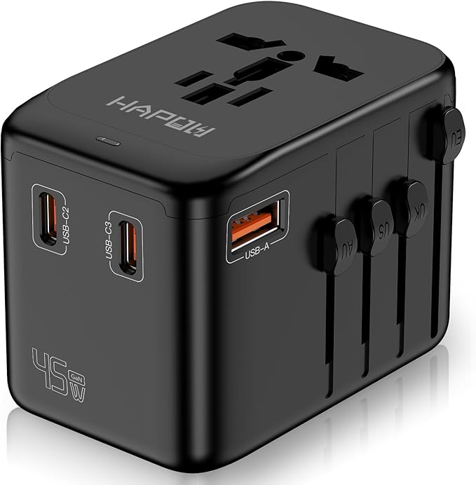 Universal Travel Adapter, GaN 45W International Power Adapter, 3 USB-C & 1 USB-A Fast Charging Travel Charger, All in One Worldwide Travel Plug Adapter, Outlet Adapter for Europe UK USA AU