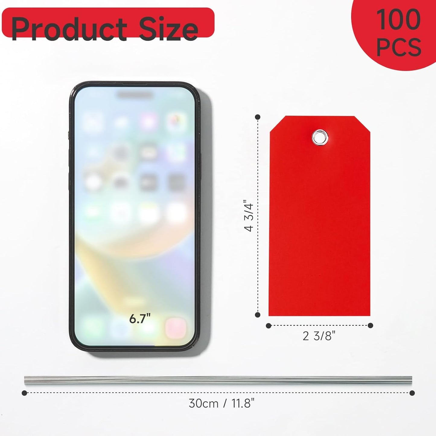 100 Pcs Red Tags with String Blank Shipping Tags with Metal Wire Writable Price Repair Plastic Service for Equipment Product Jewelry Clothing Inventory Car Parts (Red, 4 3/4" x 2 3/8")