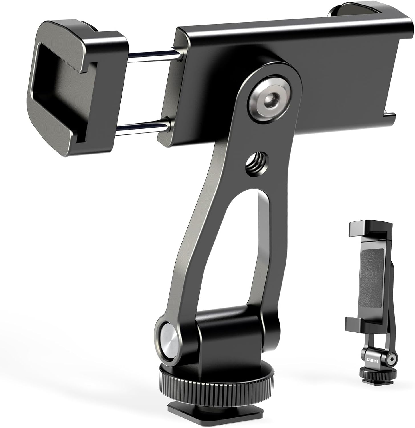 All Metal Phone Tripod Mount, 360° Rotation Tripod Phone Mount with 2 Cold Shoes, Adjustable Cell Phone Mount Adapter with 1/4" Thread, Compatible with iPhone Android Phones, Digital Camera