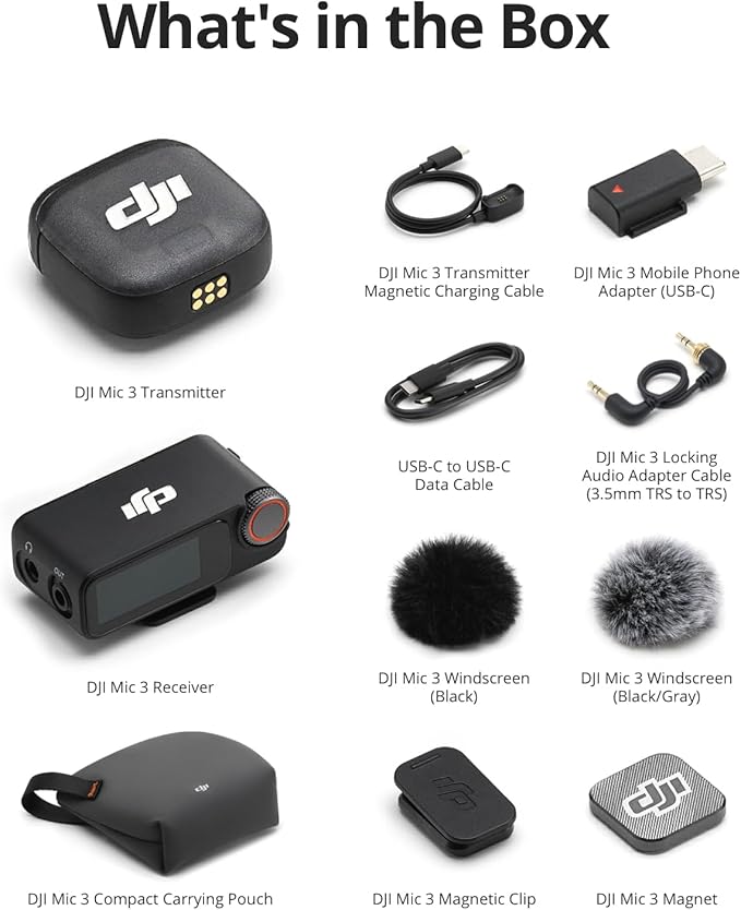 DJI Mic 3 (1 TX + 1 RX), Wireless Lavalier Mic for iPhone/Camera/Android, Ultralight, Extended Operating Time & Fast Charging, 1312ft (400m) Transmission, Noise Cancelling, Vlog, Streaming