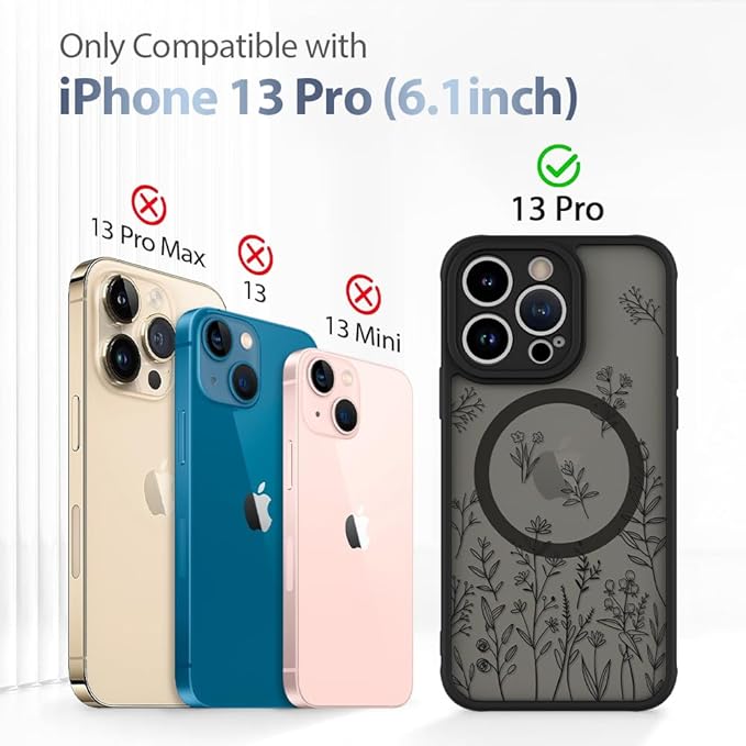 AIGOMARA Magnetic Case for iPhone 13 Pro [Compatible with MagSafe] Cute Black Flower Floral for Women Girls Soft TPU Bumper Hard PC Back Anti-Fall Shockproof Protective Slim Cover