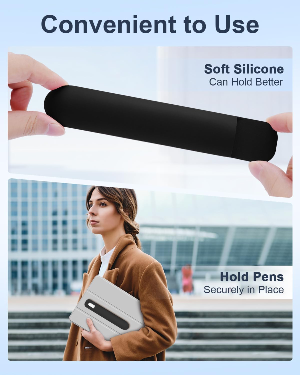 eZAKKA Silicone Pencil Holder For Most Pens,Pencils, 7.8 inch Self-Adhesive Stick To Notebooks,Diary, Desks,Tablet, Black, 1 Pack