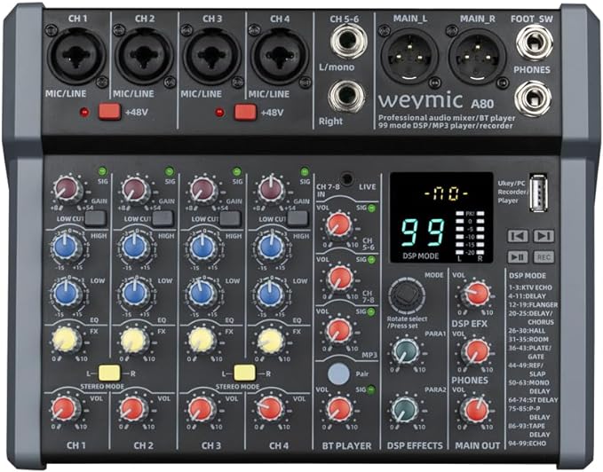 A-Series Professional Mixer for Recording DJ Stage Karaoke Music Application w/ 99 DSP Effect USB Drive for Computer Recording Input, XLR Microphone Jack, 48V Power for Professional (8-Channel)