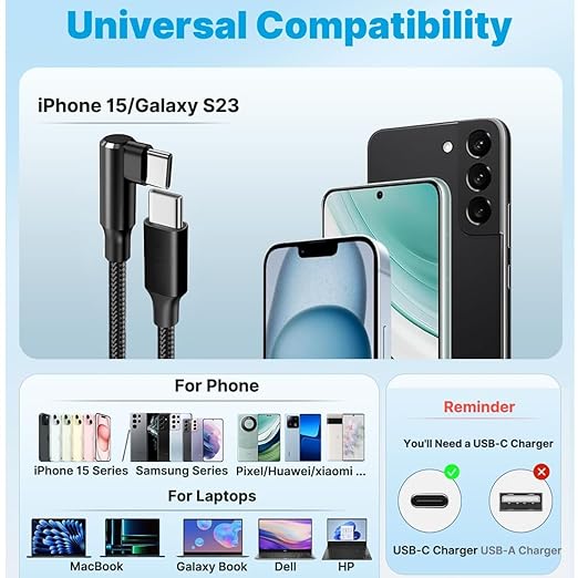 100W 2 Pack 3+6FT Type C to Type C Fast Charging Cable USBC to USBC Cord 90 Degree USB C Cable Right Angle for iPhone 16 15 Samsung Galaxy S24 S23 iPad MacBook Pixel USB C Charger