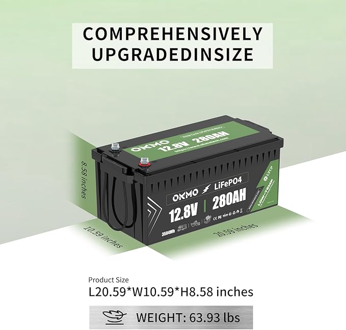OKMO 12V 280Ah LiFePO4 Lithium Battery Built-in 150A BMS Low-Temp Protection for RV, Solar/Off-Grid Applications, Home Energy Storage, Marine