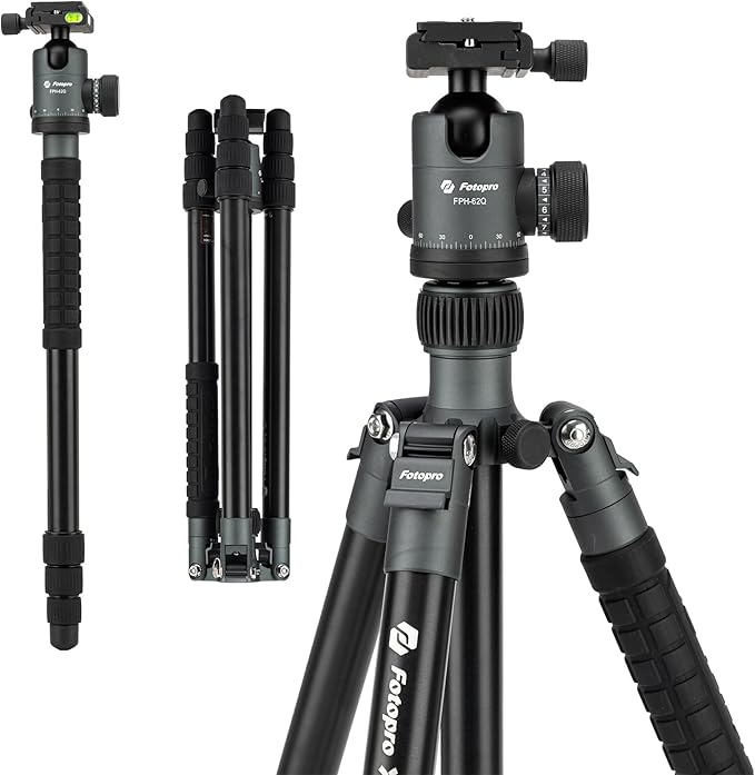 Fotopro 68" Camera Tripod for DSLR, Heavy Duty Compact Travel Tripod with Ball Head, Detachable Monopod with Quick Release Plate and Bag, Load up to 12KG/26.5lbs(Grey)