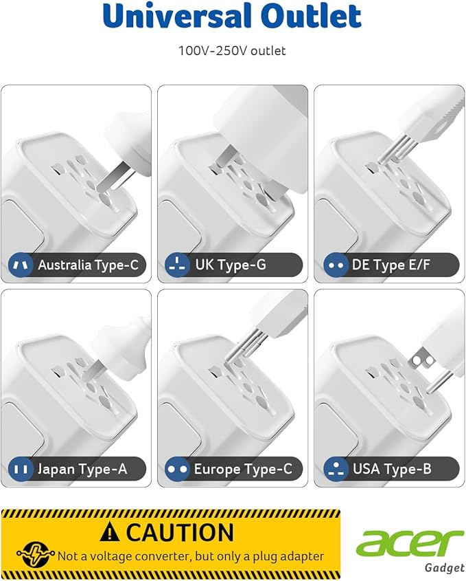 Acer US to Europe Plug Adapter, Universal Travel Adapter, International Power Adapter for USA to Europe UK France Germany Spain Ireland Australia (Type C/G/A/I),White