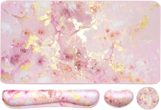 Keyboard Mouse Pad Set, Extended Mouse Pad+Keyboard Wrist Rest Support, Memory Foam Ergonomic Easy Typing, 3Pcs (35.4×15.7 in) Desk Pad Set for Home Office Study Game- Pink Gold Marble