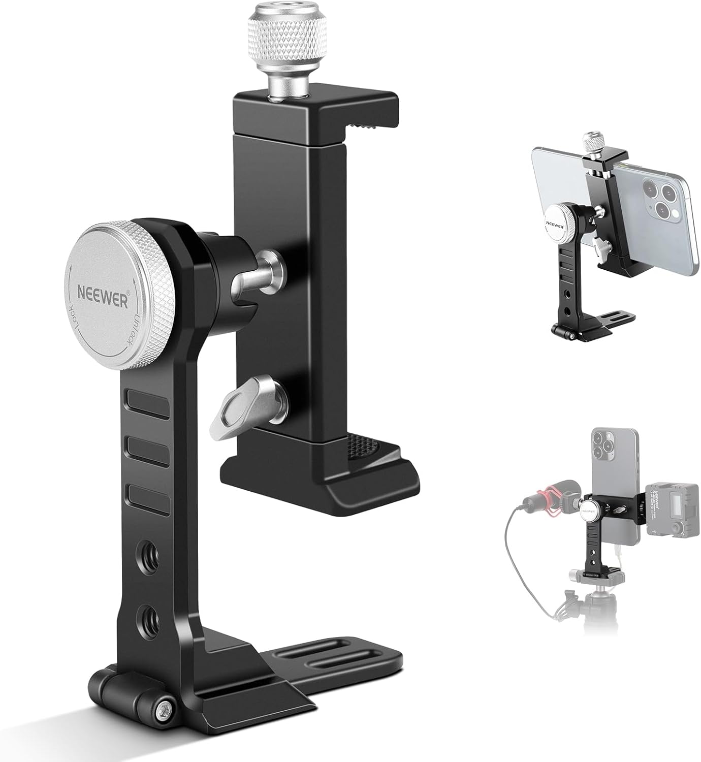 NEEWER Smartphone Tripod Mount Aluminum Alloy, 360° Rotatable Phone Stand Holder Clamp with Cold Shoe and Arca Base Compatible with iPhone 15 Pro Max Galaxy S24 Ultra Pixel & 2.6"-4" Wide Smartphones