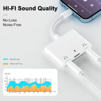 3 in 1 Dual 3.5mm Headphone Jack Adapter - Earphone Jack Audio and Charging Adapter - Headphone Splitter for iPhone 14/13/ 12/11/ X/ 8 - White