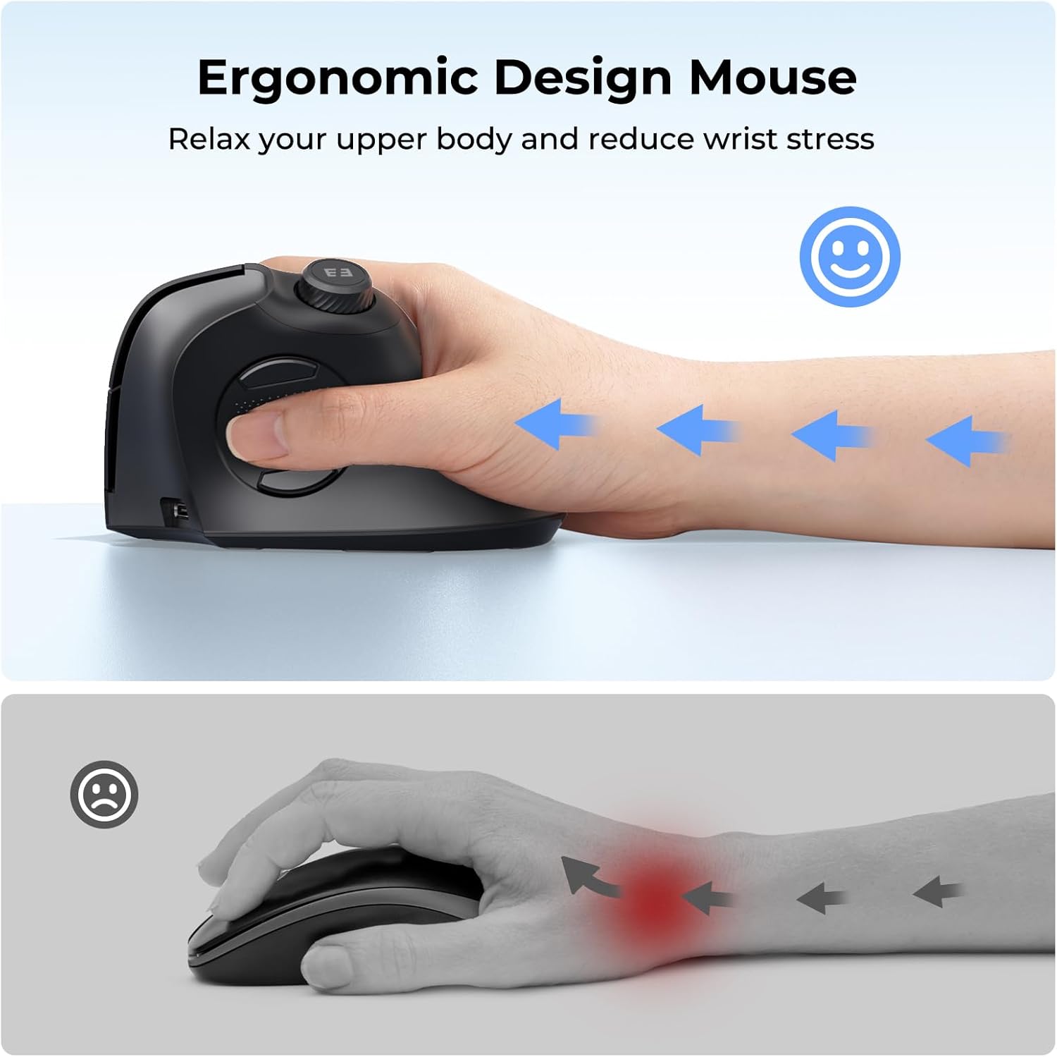 seenda Ergonomic Mouse Rechargeable, USB+Dual Bluetooth, MOU-302 Vertical Wireless Mouse with Volume Knob, Quiet Clicks, Multi-Device Cordless Mice Compatible for Windows, PC, Laptop, Mac OS, Black