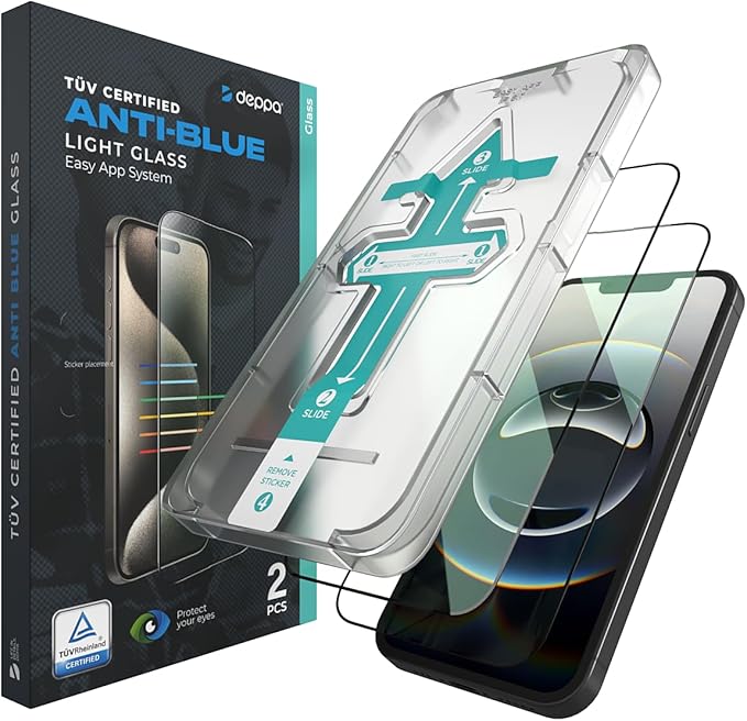 Deppa |2 Pack| Anti-Blue Light Screen Protector for iPhone 16e/14/13Pro/13 (6.1') | Scratch Resistant Tempered Glass | 3D Edge to Edge Coverage | Easy Installation Kit | Eye Safeguard TÜV Certified