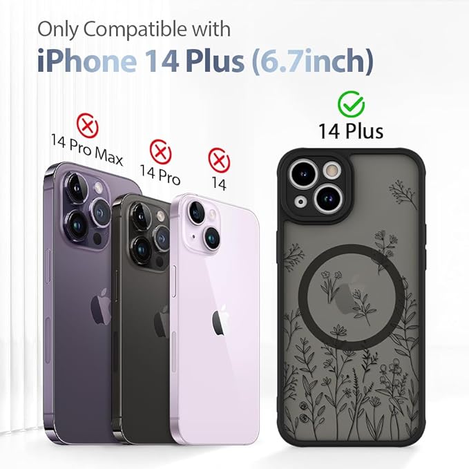 AIGOMARA Magnetic Case for iPhone 14 Plus [Compatible with MagSafe] Cute Black Flower Floral for Women Girls Soft TPU Bumper Hard PC Back Anti-Fall Shockproof Protective Slim Cover