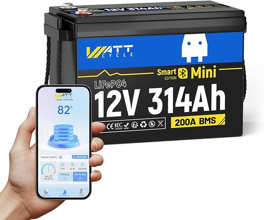 12V 314Ah Mini LiFePO4 Lithium Battery with Bluetooth 5.0, 200A BMS, 4.01kWh Energy, Upgraded Aluminum Cooling Fins & Braided Copper Wires, for RV, Marine, 300ah + LiFePO4 Battery