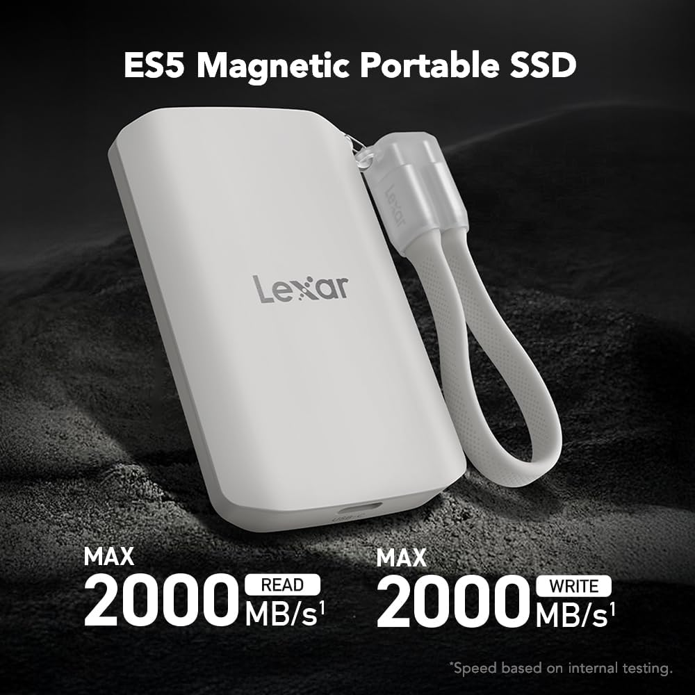Lexar 1TB ES5 Magnetic External SSD, Up to 2000MB/s, Compatible w/MagSafe, USB-C Smartphones, iPhone 15/16 or Above, PC, Mac, Supports Apple ProRes & Samsung Pro Video, Silver (LES5XXX001T-RNWNU)